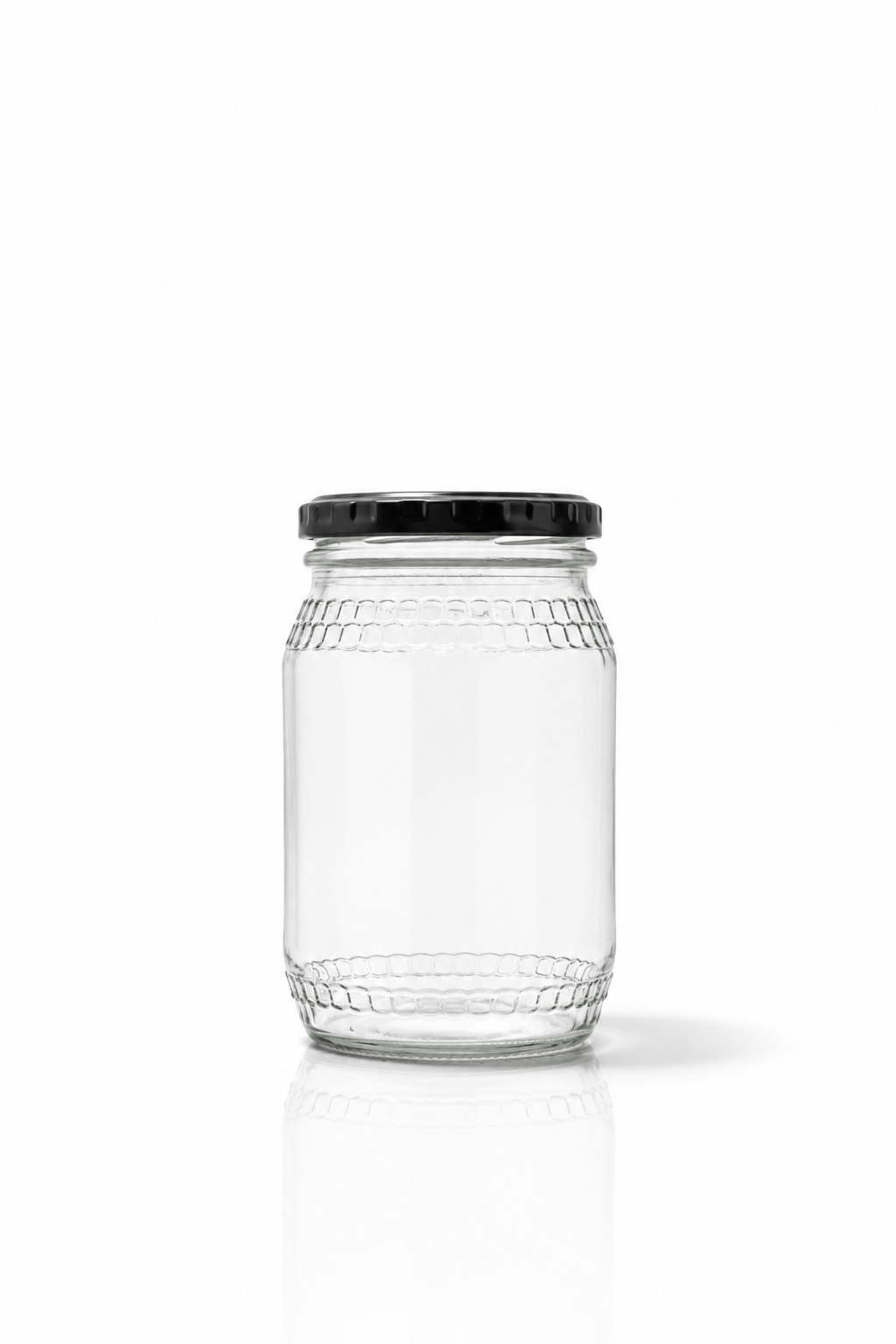 Round storage jar With black ribbed metal screw lid